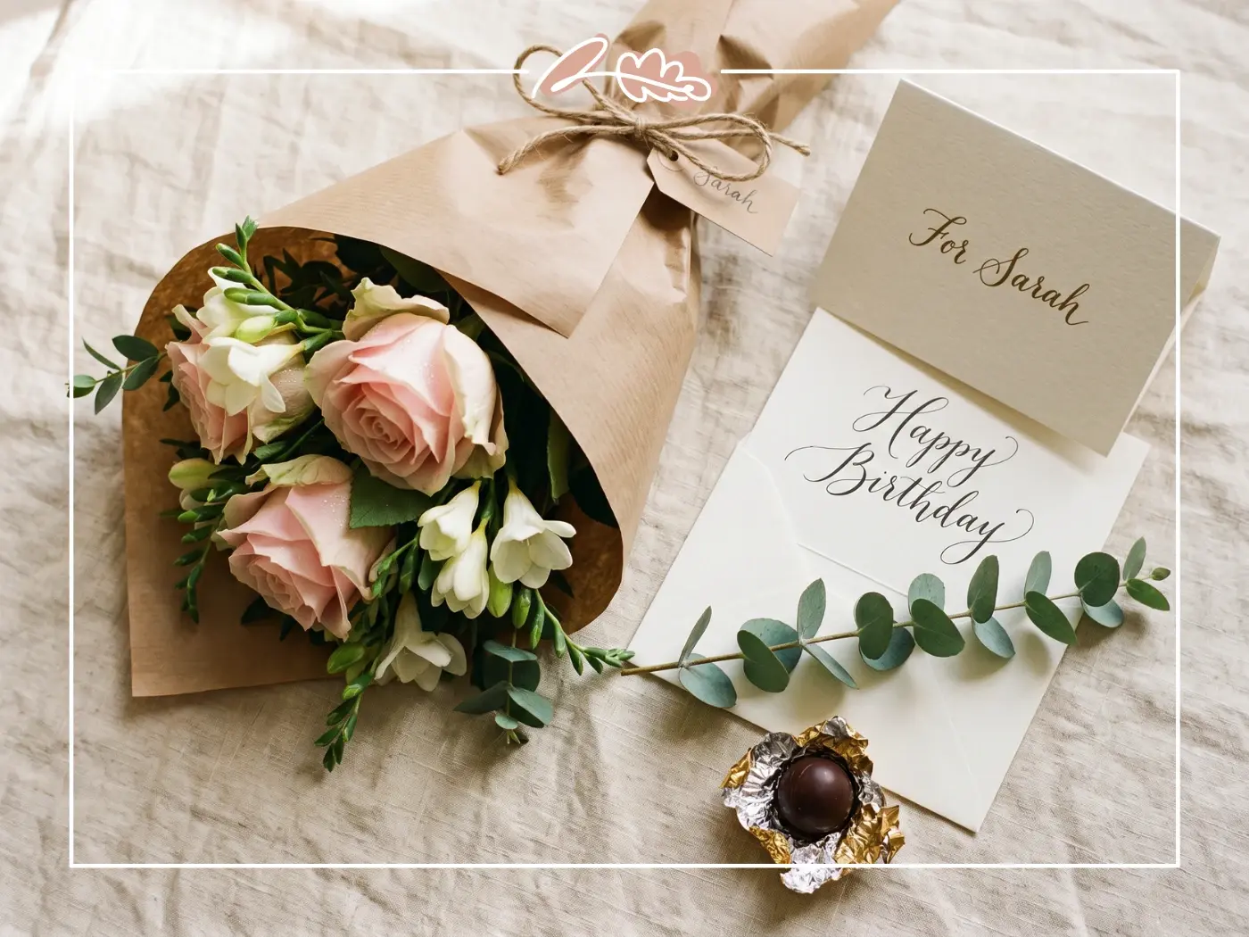 Happy Birthday bouquet of pink roses and freesias with handwritten card and chocolate from Fabulous Flowers