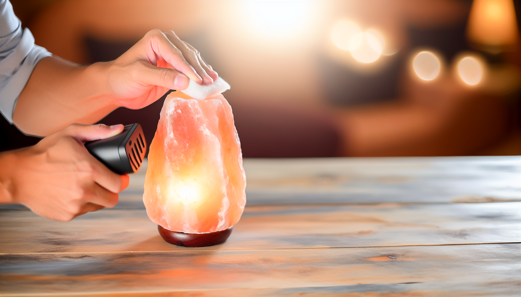 Hands cleaning a white Himalayan salt lamp with a soft cloth