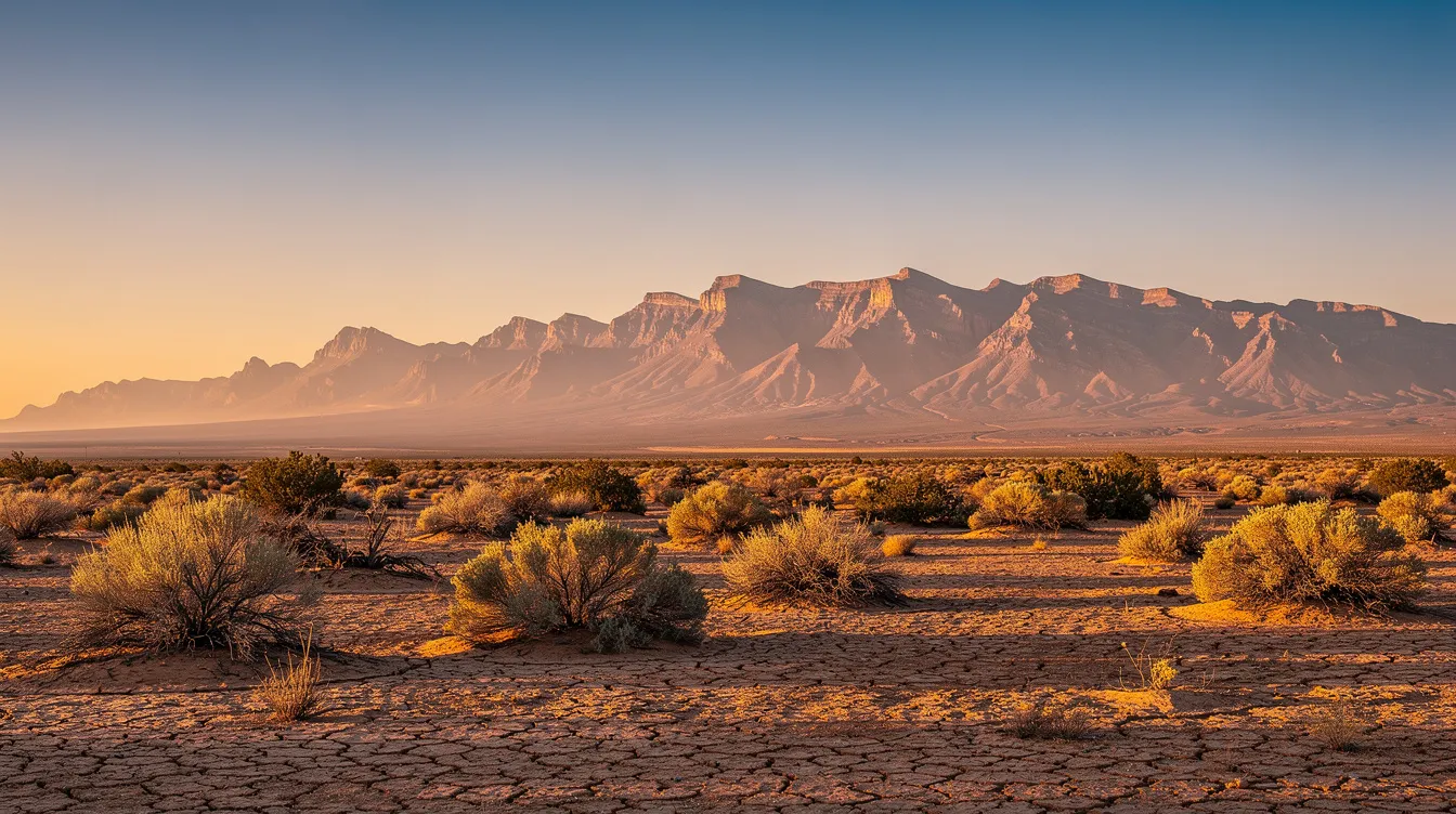 A vast New Mexico desert landscape with arid terrain, scattered shrubs, and majestic mountains rising in the background under a clear blue sky, highlighting the importance of seeking legal guidance from an experienced car accident lawyer for fair compensation.