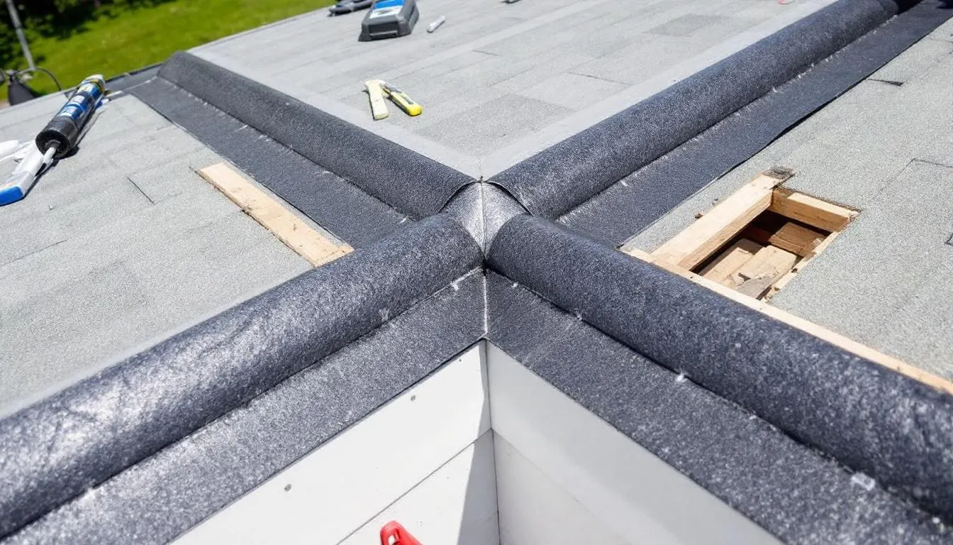 An ice and water shield membrane is being carefully positioned across the valley intersection of two roof planes, ensuring a weather-resistant barrier at the valley center. This method is essential for protecting the long island valley from potential water damage.