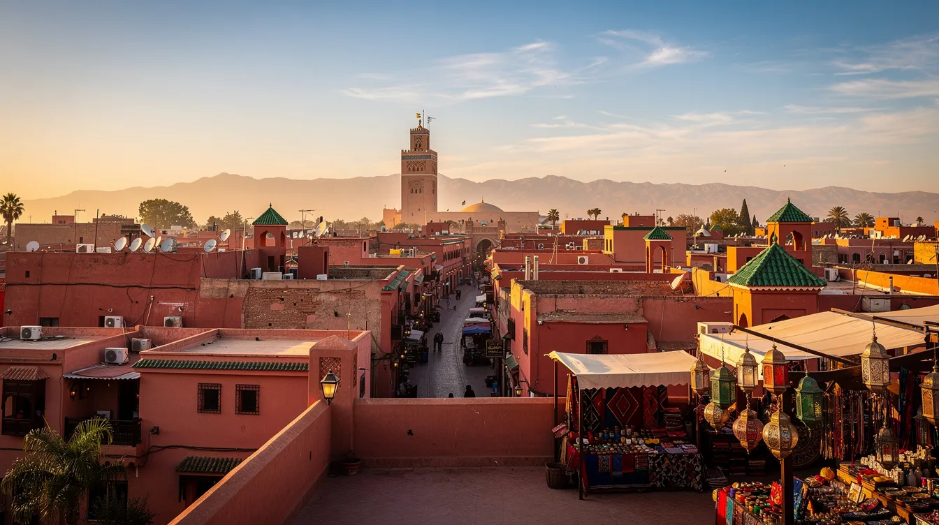 A imagem retrata uma vista deslumbrante de Marrakech, com suas características arquitetônicas marcantes, como mesquitas e palácios, em meio a um céu azul claro. O cenário é um convite à descoberta dos destinos turísticos locais, refletindo a rica cultura e história da cidade.