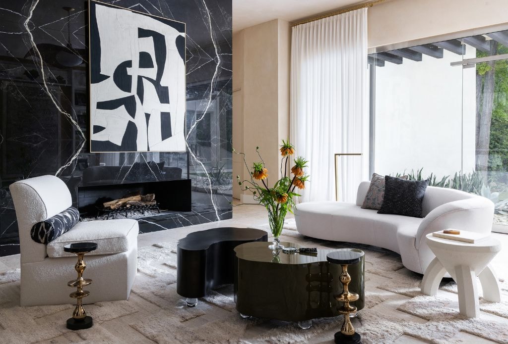 a black and white living room with an organic modern style, cozy furnishings, and stunning mix of decor