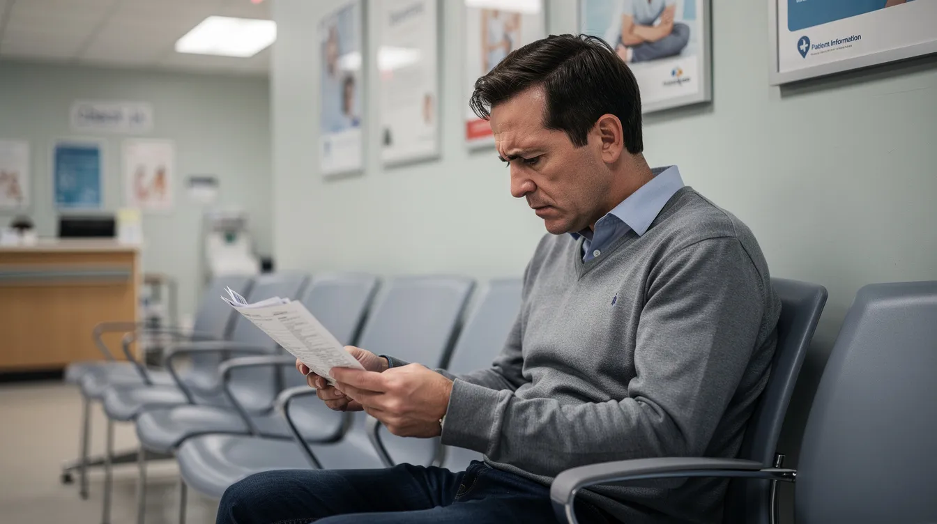 The image shows a concerned patient sitting in a hospital waiting room, intently looking at medical paperwork, possibly related to their medical care or a potential medical malpractice case. The atmosphere suggests anxiety about future medical expenses and the complexities of navigating healthcare providers and legal options.