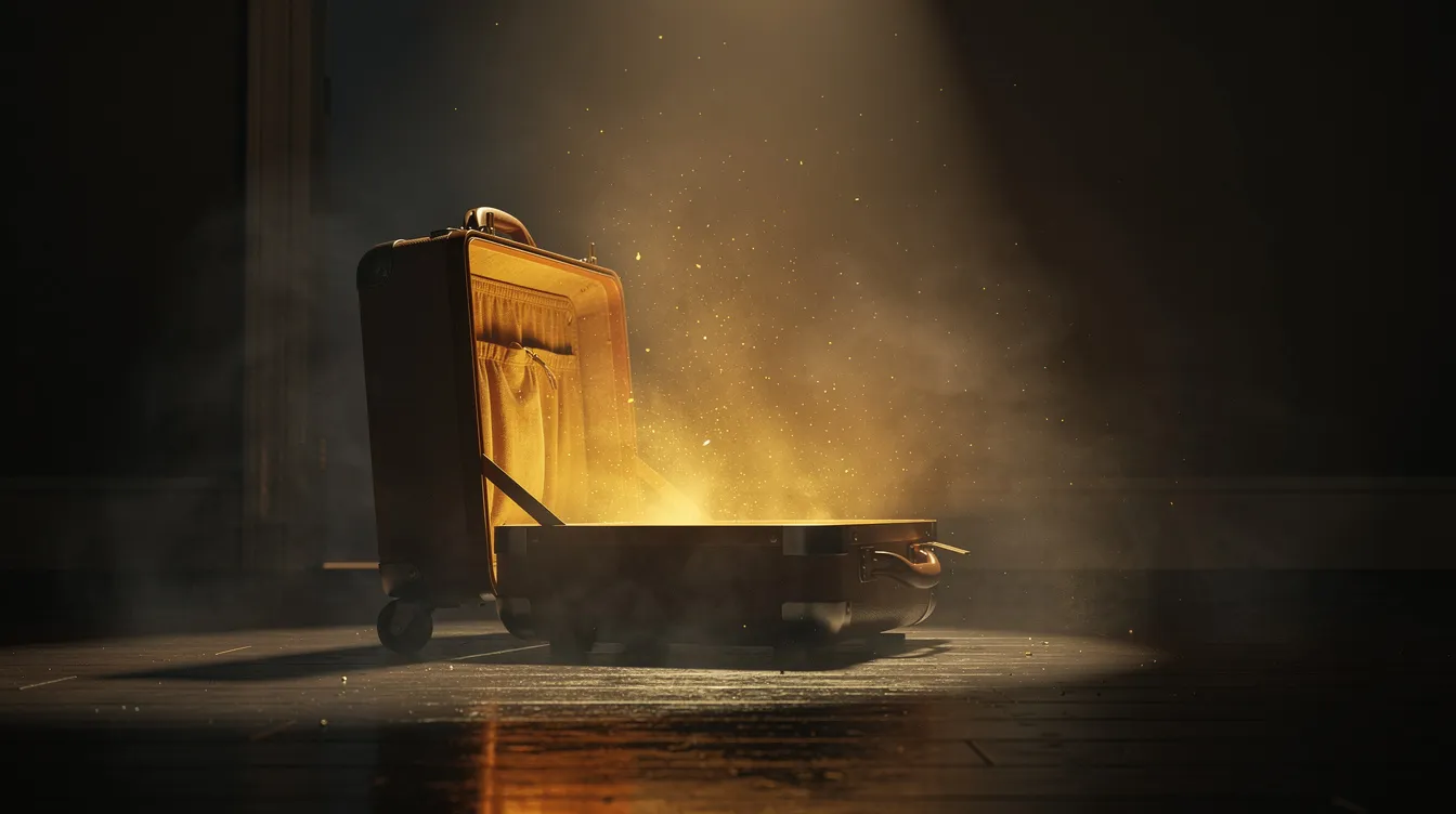 In einem dunklen Raum steht ein geheimnisvoller, leicht geöffneter Koffer, aus dem ein goldenes Licht strahlt, das eine spannende Atmosphäre erzeugt. Dieses Objekt könnte als MacGuffin in einem Film dienen, ähnlich wie die bedeutenden Koffer in "Pulp Fiction" oder "Hitchcock"-Filmen, und weckt das Interesse des Zuschauers an den Geheimnissen, die sich im Inneren verbergen.