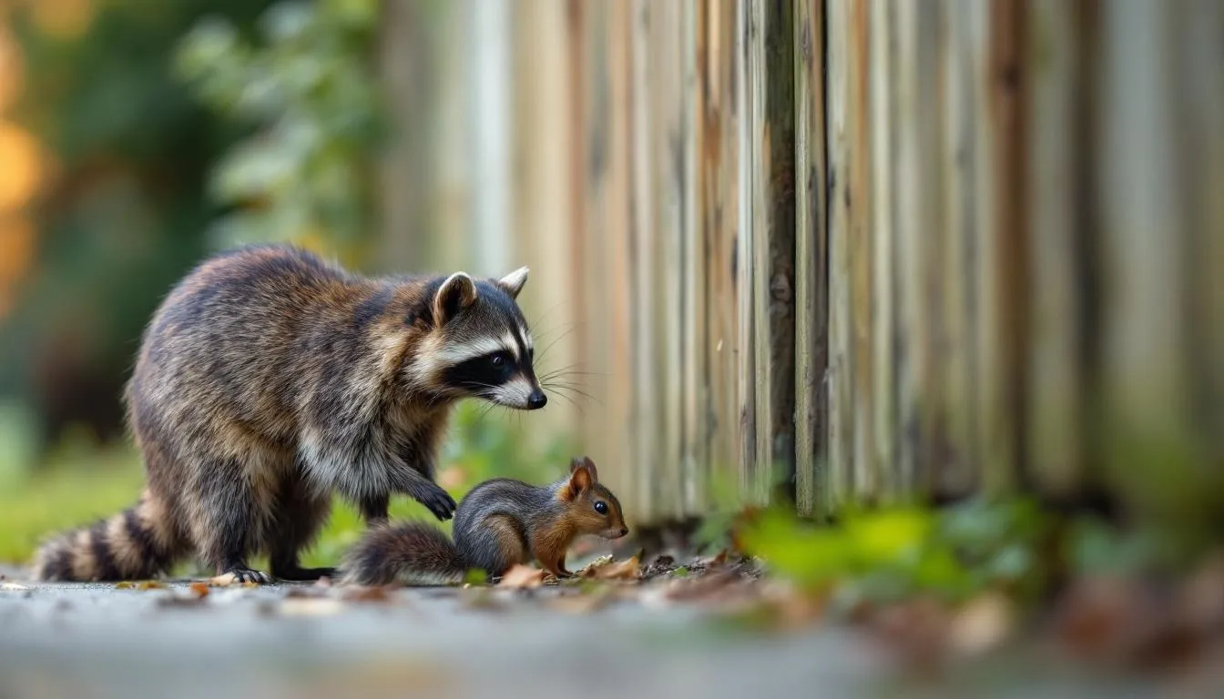 A blurred image of a raccoon and squirrel outside a home, representing visual sightings of wildlife.
