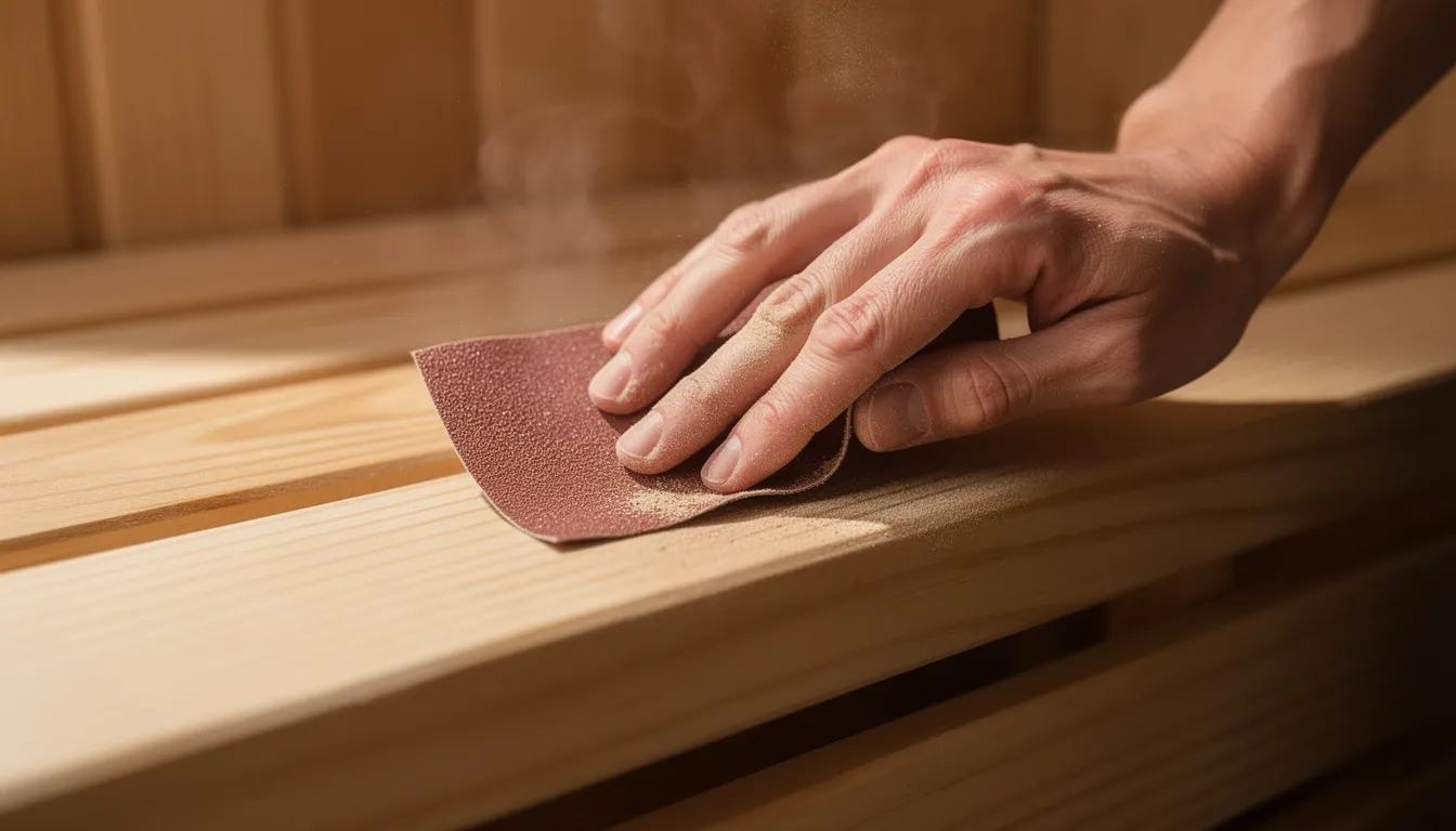 A person is gently sanding a cedar wood sauna bench with fine grit sandpaper, carefully following the grain direction to maintain the wood surface. This process is part of sauna maintenance, ensuring the bench remains in good condition and free from sweat stains.