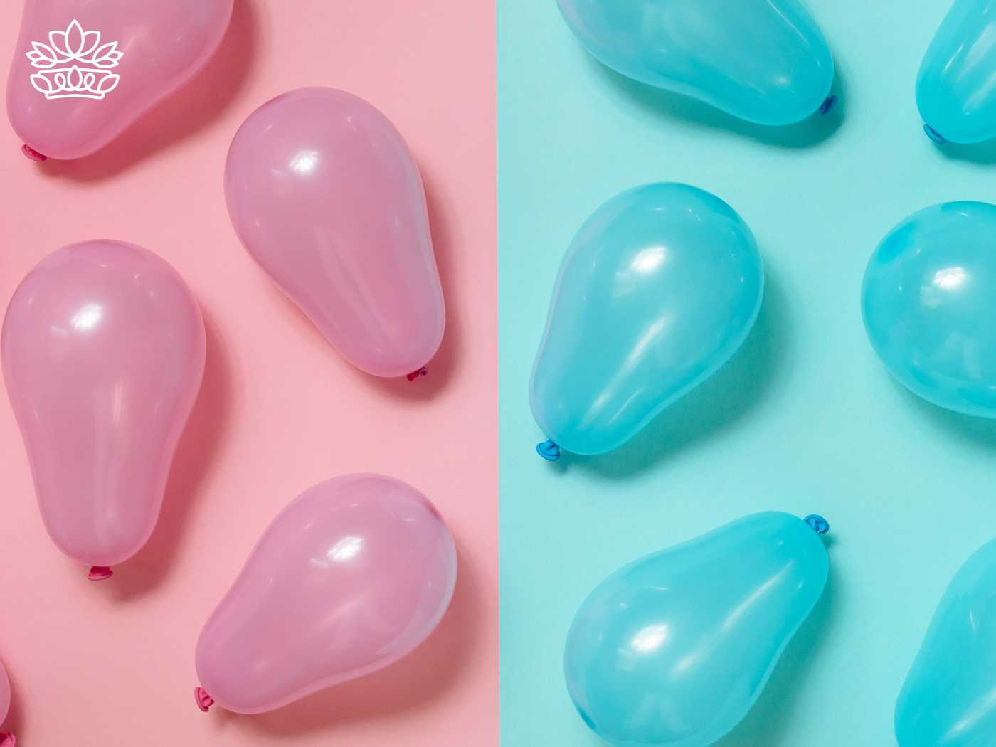 Pink and blue balloons representing the Gender Reveal Collection from Fabulous Flowers and Gifts.