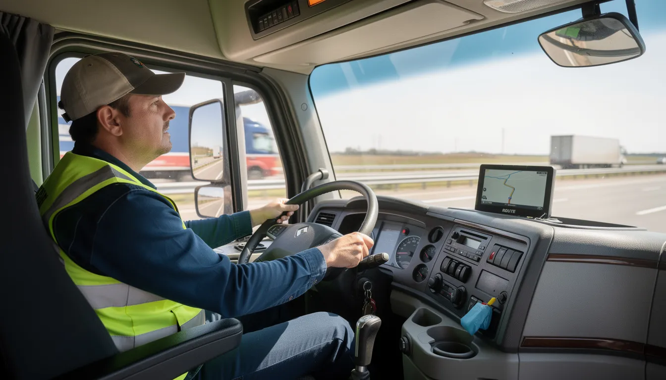 The image shows a commercial truck driver seated behind the wheel of a semi truck cab, focused on the road ahead. This scene highlights the importance of safety and responsibility in the trucking industry, particularly in the context of truck accidents and the role of experienced truck accident attorneys in handling such cases.