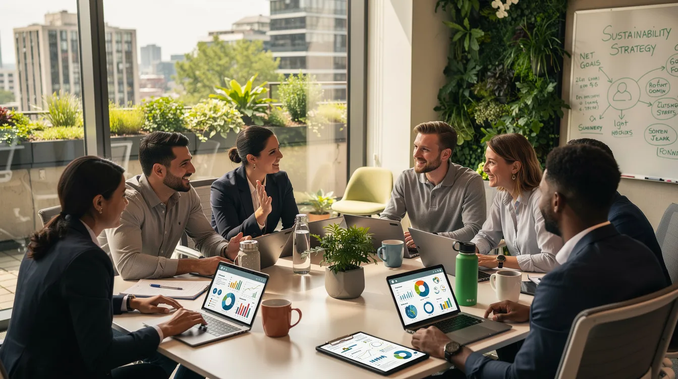 A team of sustainability professionals is gathered around a conference table, collaborating with laptops open, discussing strategies for effective ESG reporting and data collection. They are focused on managing ESG data and enhancing sustainability initiatives to ensure compliance with evolving regulations.