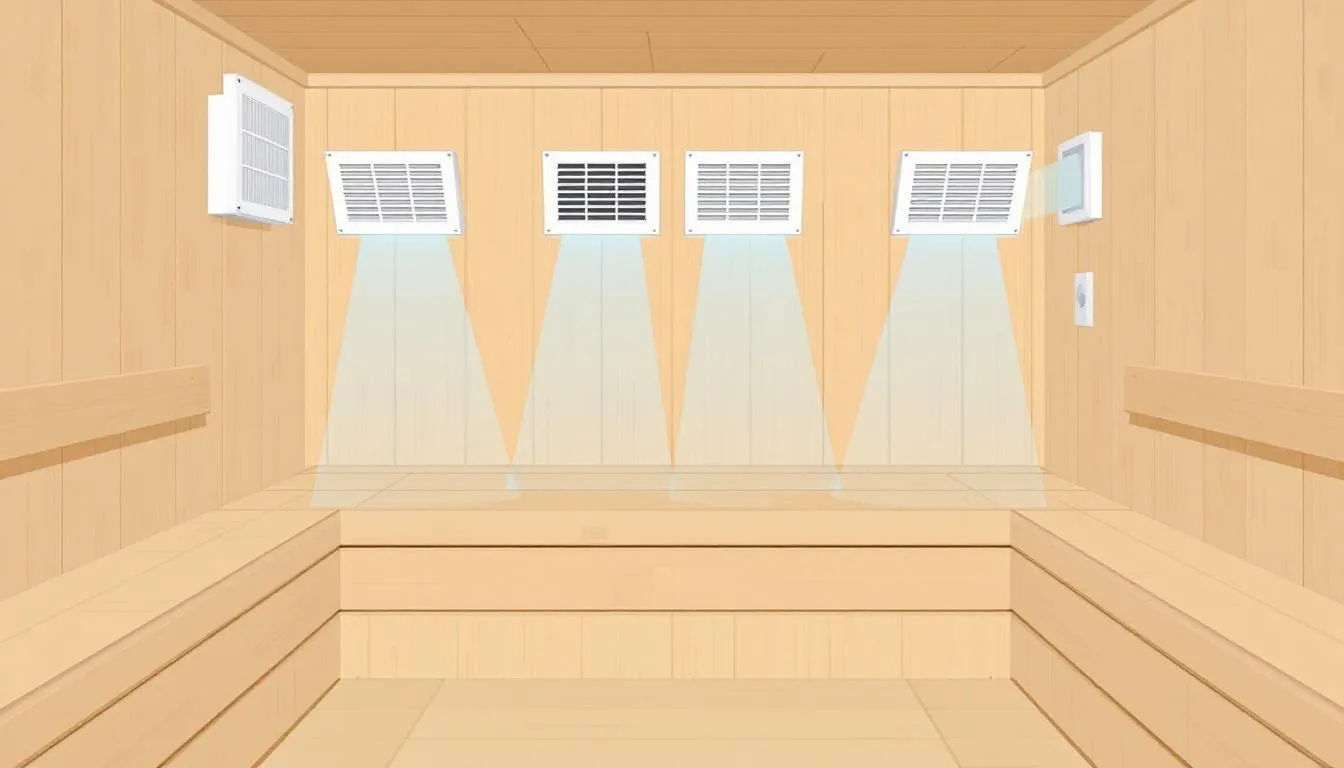 The image depicts a well-ventilated home sauna room featuring strategically placed exhaust vents and intake air openings, ensuring proper airflow and fresh air circulation. This setup promotes optimal air quality by allowing hot air to rise and escape while cool air flows in, preventing stale air and moisture buildup during sauna sessions.