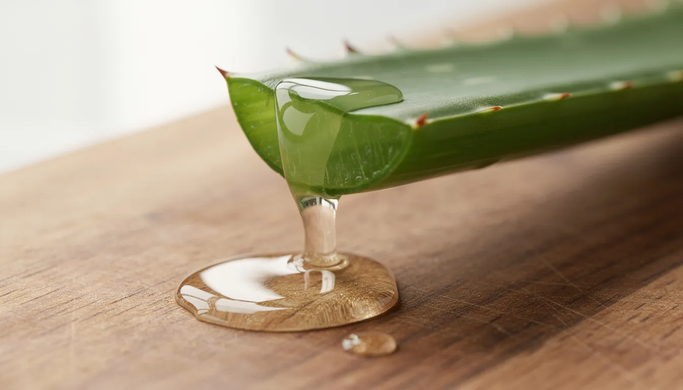 The image shows clear aloe vera gel being squeezed from a fresh aloe leaf onto a wooden cutting board, highlighting its natural cooling properties that can provide sunburn relief. This soothing gel is often used in homemade sunburn spray recipes for its anti-inflammatory benefits.