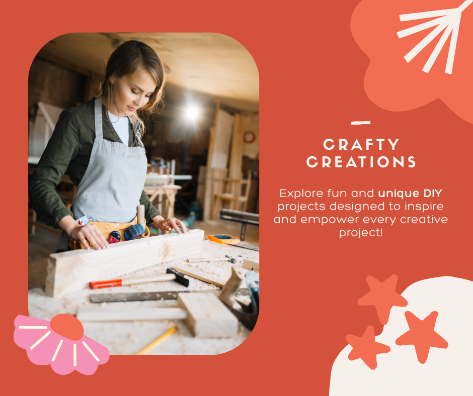 “Stylized square image featuring woodworking tools like a saw, drill, and wooden planks with soft colors and feminine design elements.”
