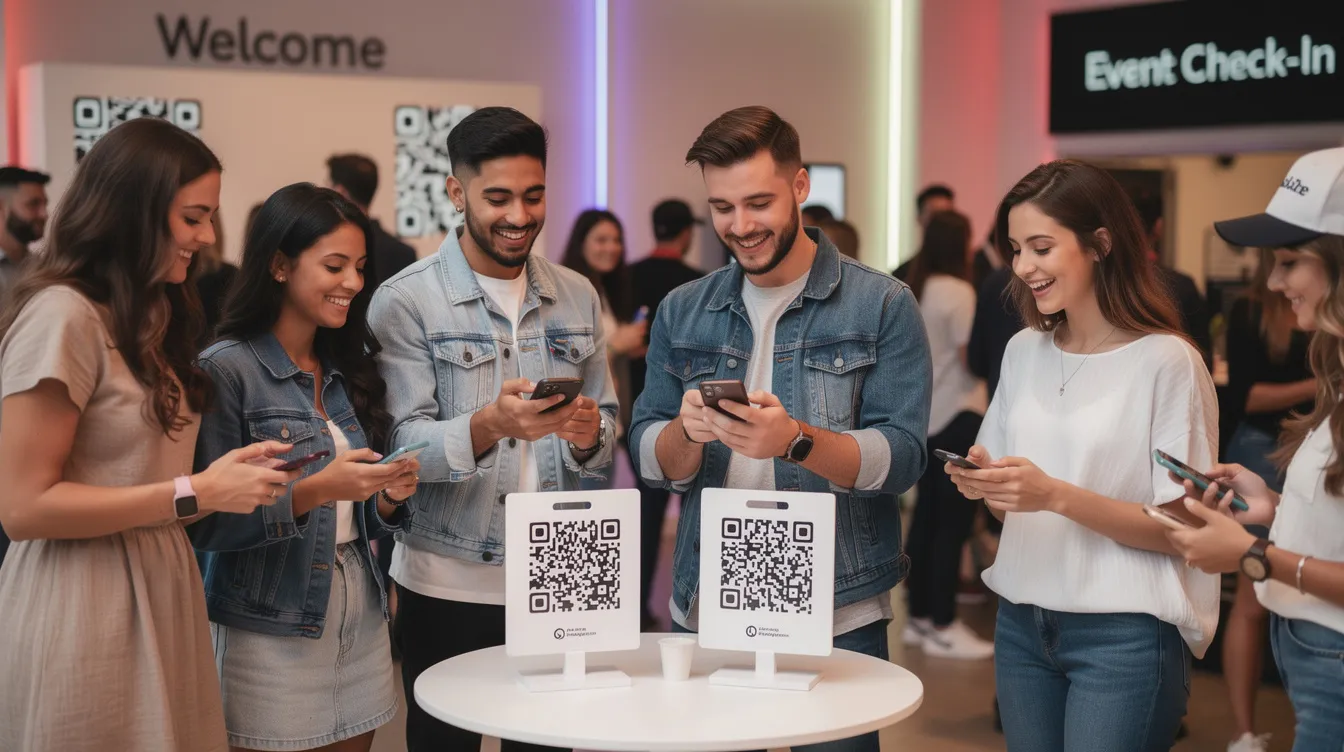 A group of young people at a lively social event are happily scanning QR codes on their phones, likely connecting through online dating apps or platforms to explore potential matches and build genuine connections. Their smiles suggest excitement and the possibility of forming meaningful relationships in real life.