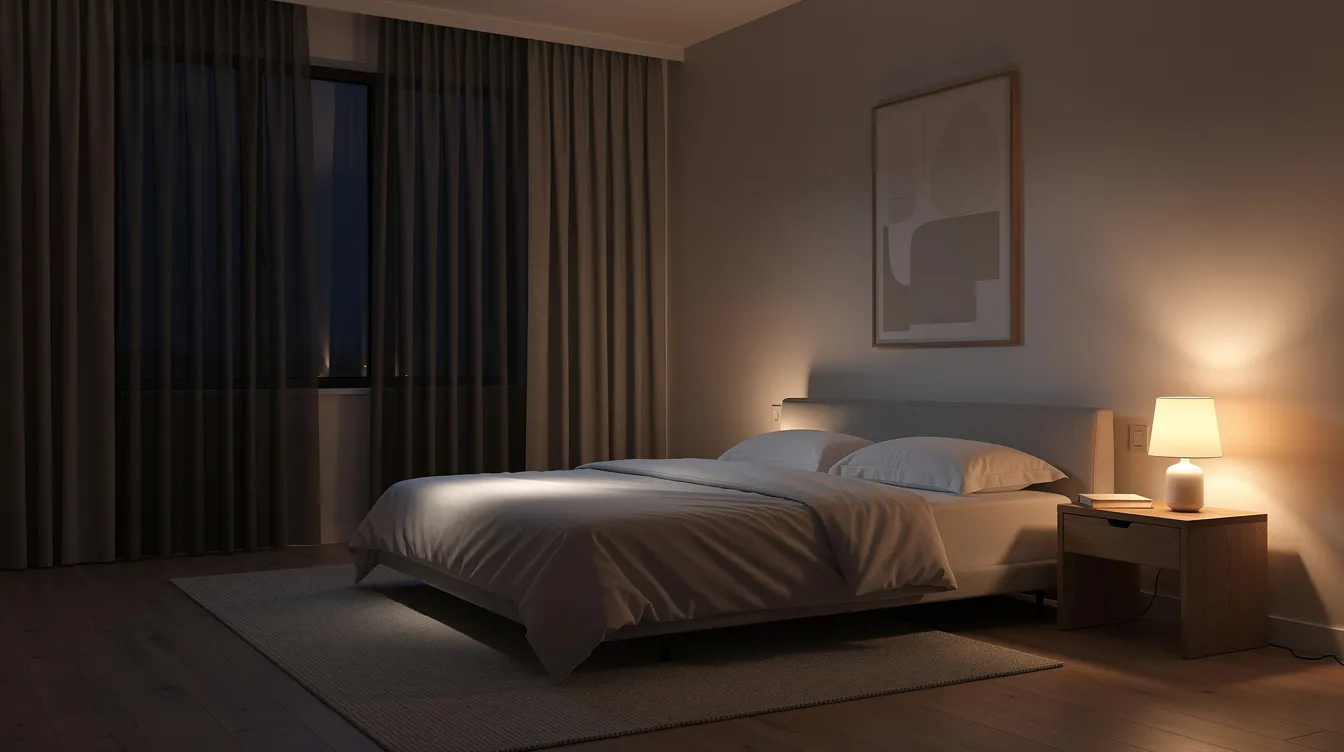The image depicts a serene minimalist bedroom featuring blackout curtains that block out light, complemented by soft, warm lighting to create a calming atmosphere. This tranquil setting is ideal for promoting good sleep hygiene and addressing common sleep disorders, such as delayed sleep phase syndrome and sleep disturbances, helping individuals to fall asleep more easily.