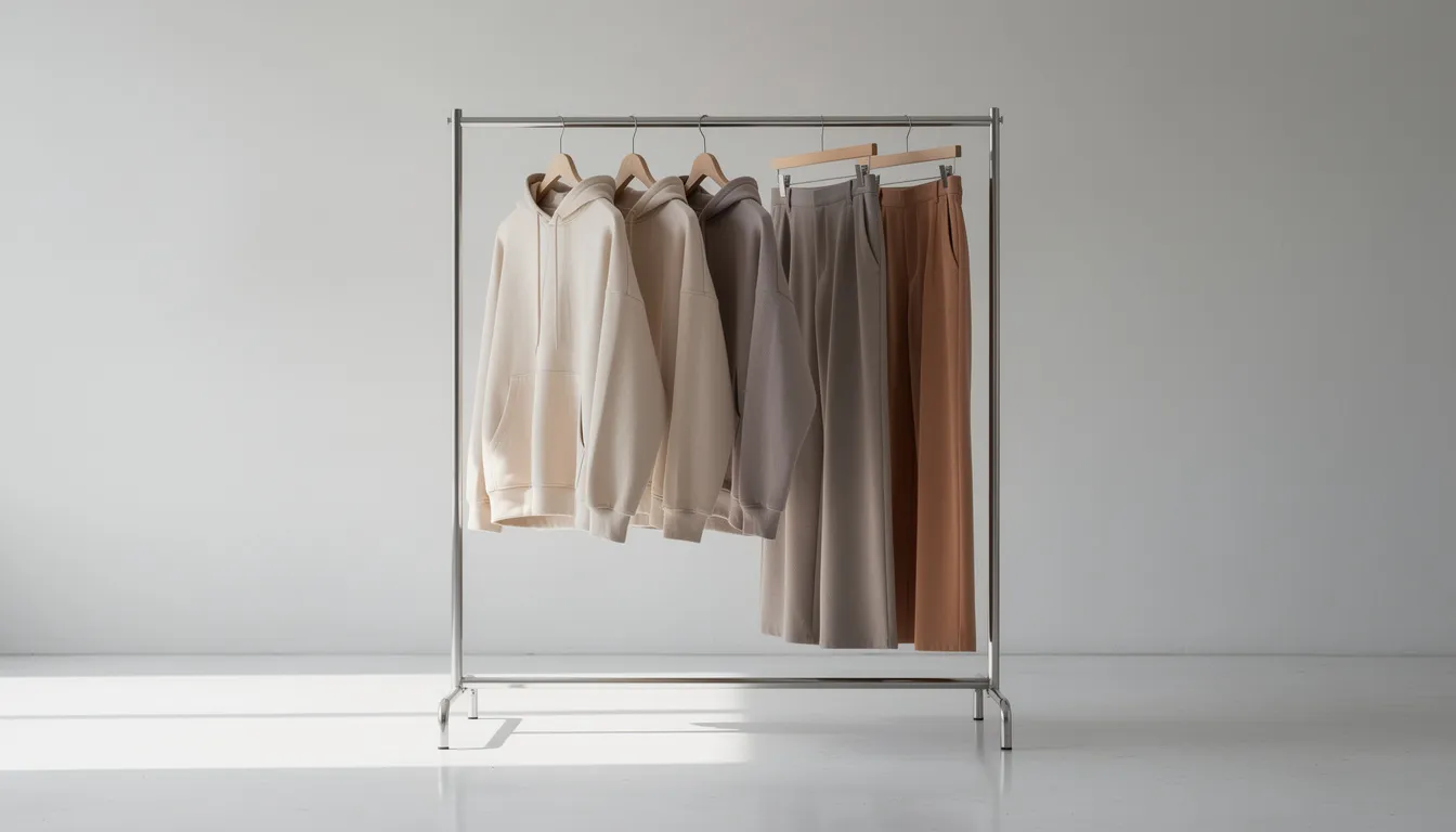 A minimalist retail setting features a clothing rack displaying neutral-toned oversized hoodies and wide-leg pants, ideal for everyday wear. This collection is perfect for an online store looking to sell high-demand products that cater to current market trends.