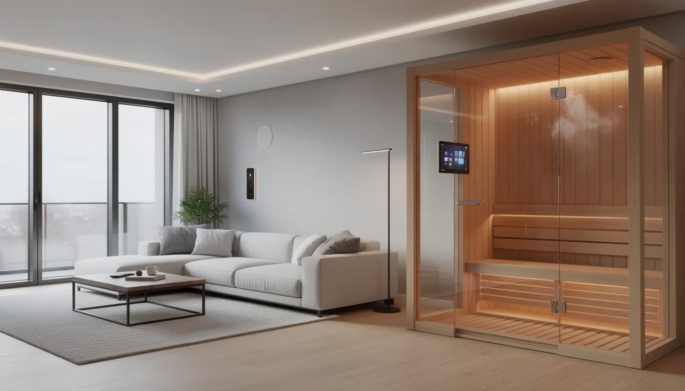 The image depicts a modern living room in a smart home, featuring a sleek sauna cabin visible through a glass door. This setup highlights the integration of smart sauna technology, allowing for enhanced user experience and personalized settings for sauna sessions aimed at promoting personal wellness and health benefits.