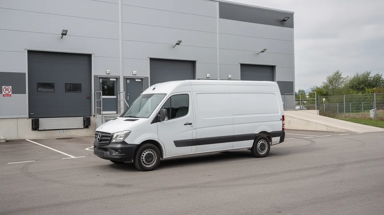 Pakettiauto pysäköitynä yrityksen pihalle varastorakennuksen eteen.