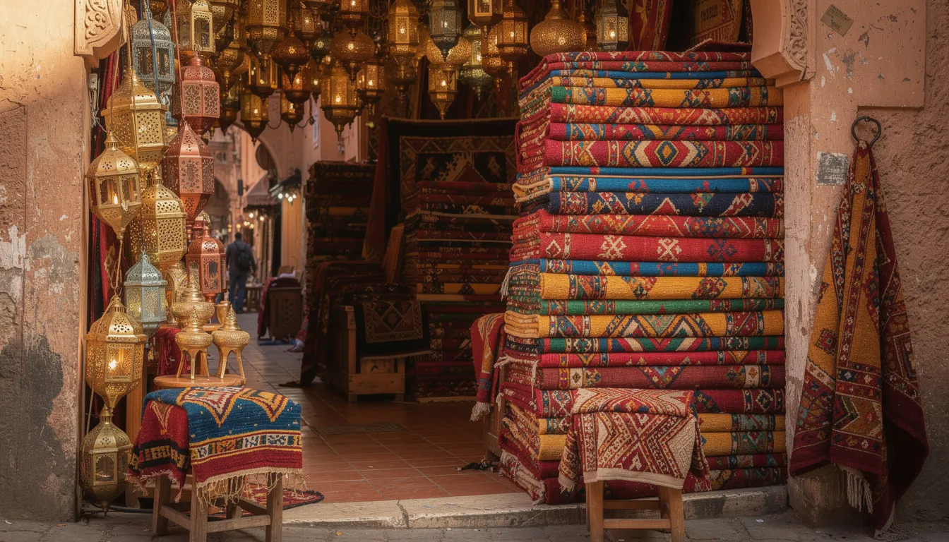 The image depicts a vibrant traditional Moroccan market stall filled with colorful textiles and intricately designed brass lanterns, showcasing the rich culture of Marrakech, Morocco. This lively scene captures the essence of the souks, where tourists can explore beautiful wares and experience the local life.