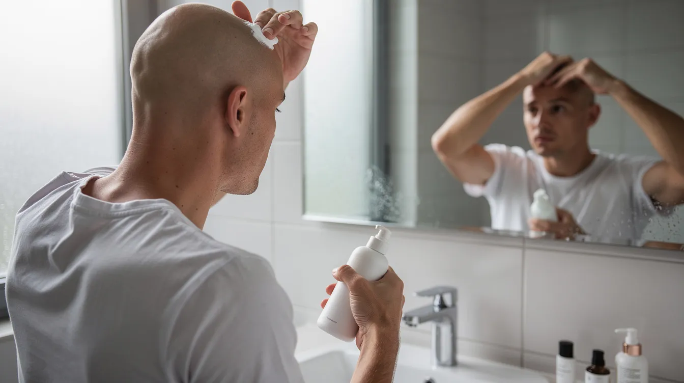 A man with a clean shaved head is applying moisturizer in front of a bathroom mirror, showcasing his smooth scalp and facial features. This image highlights the grooming routine often embraced by balding men, emphasizing skin care as an essential part of maintaining a polished appearance.