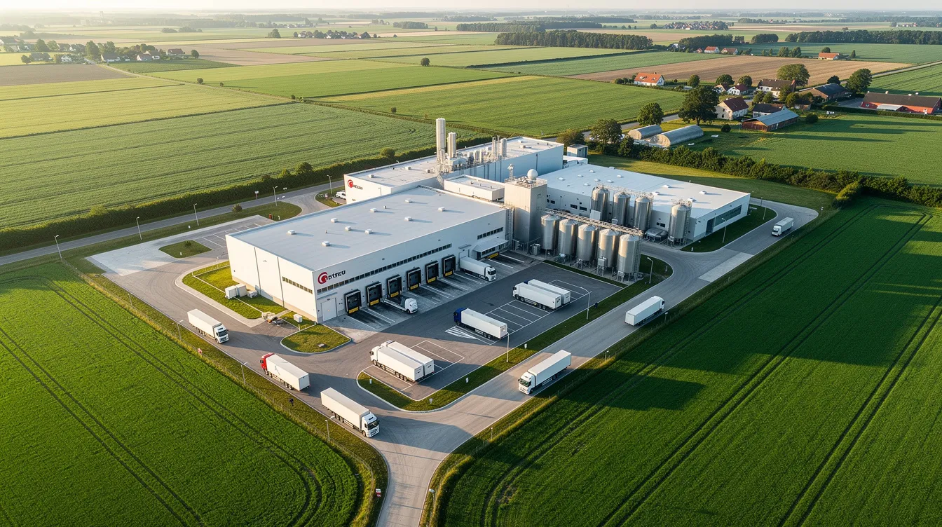 97e0c8f5 fa3c 4c2e 80e6 18f8cc364a88 An aerial view showcases a large modern dairy processing facility, featuring advanced machinery and expansive green fields surrounding it. This dairy processing unit is integral to cheese production, highlighting the importance of quality assurance and operational efficiency in the dairy industry.