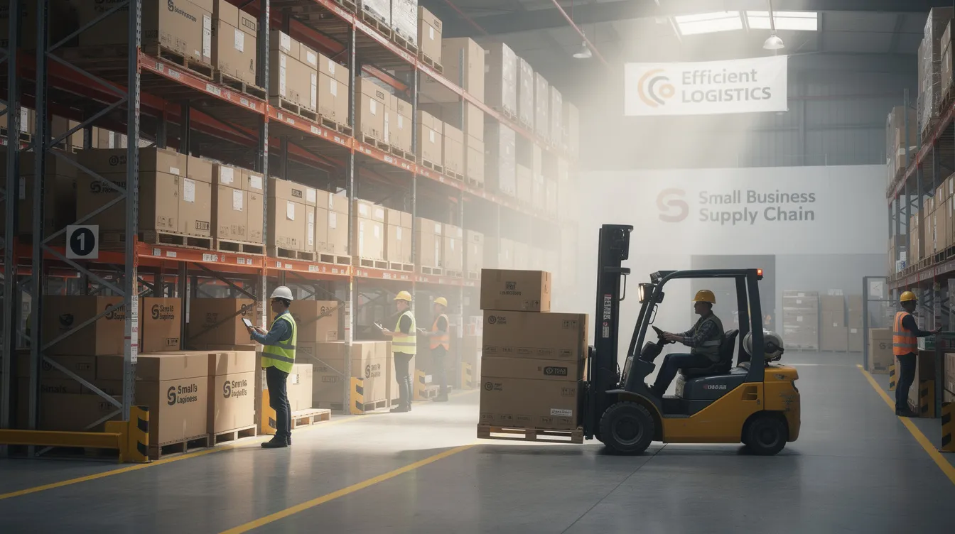 The image depicts a busy warehouse filled with stacked cargo boxes and a forklift, illustrating the dynamic supply chain operations crucial for small businesses. This environment highlights the importance of 中小企業 貸款 and financing solutions to enhance productivity and competitiveness in logistics.