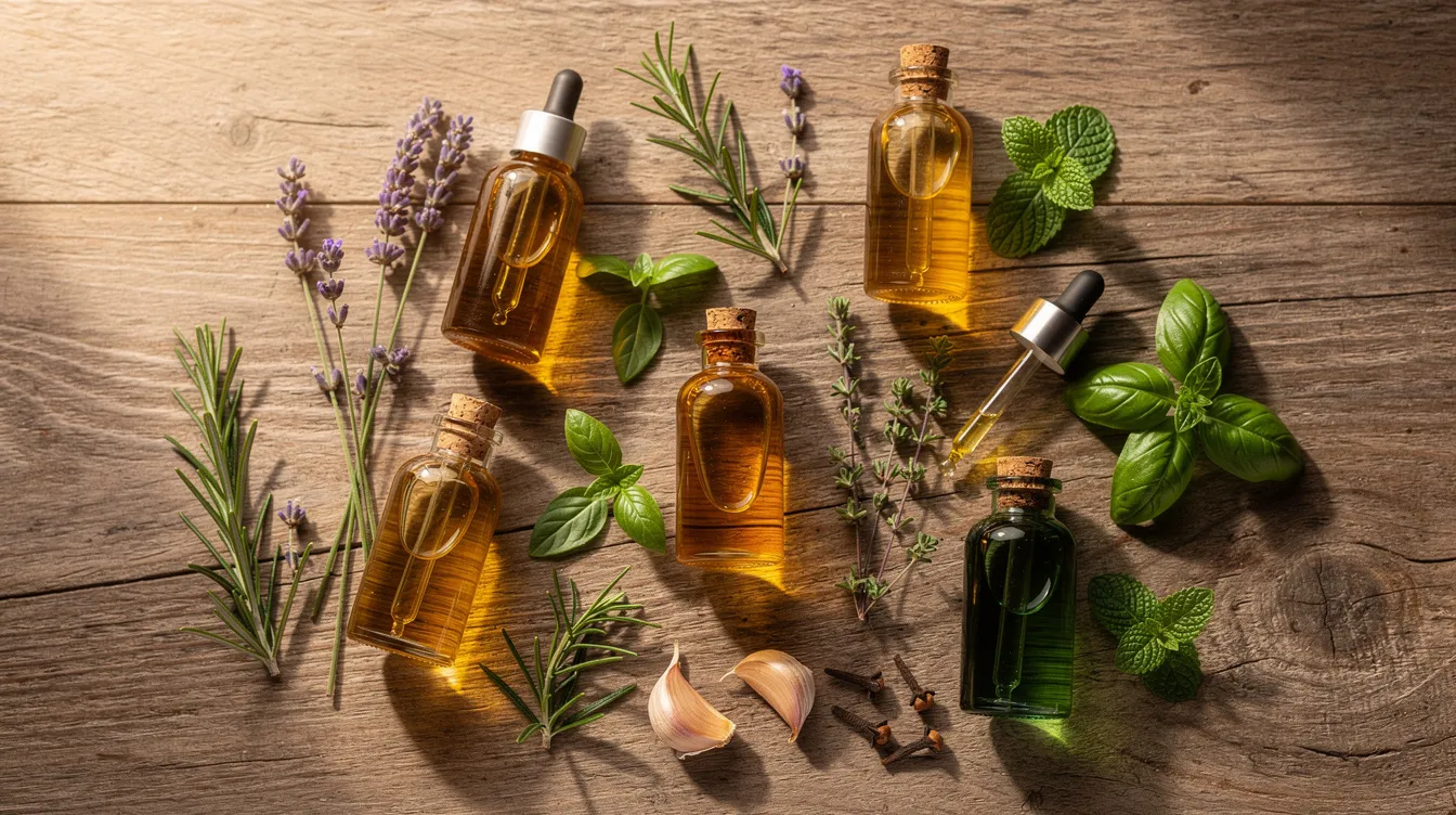 The image showcases a variety of natural oils and herbs beautifully arranged on a wooden surface, highlighting their potential benefits for maintaining healthy hair and addressing issues like thinning hair or excessive hair shedding. These ingredients may be used in hair loss treatments to promote hair growth and support hair follicles.