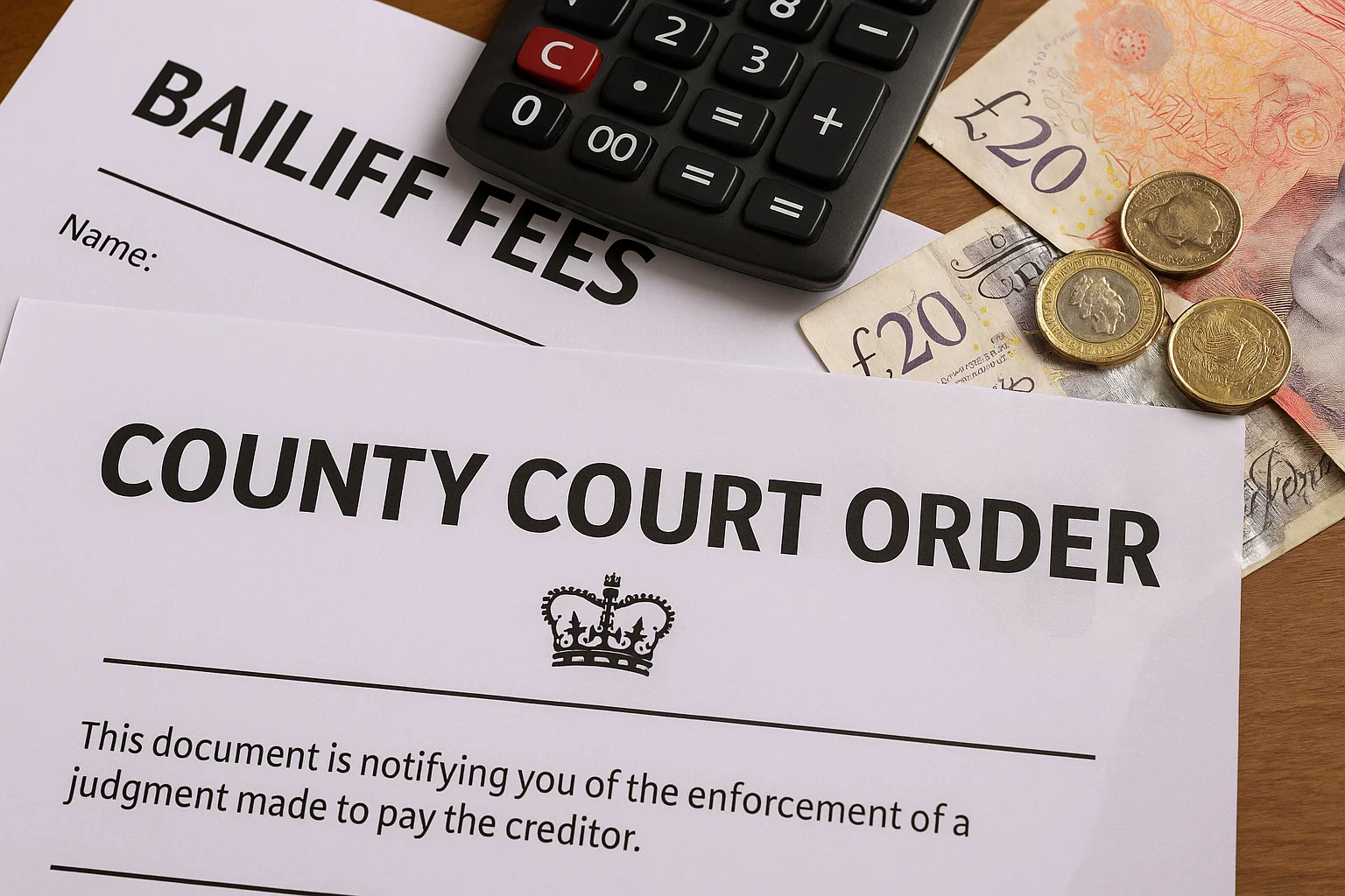 Court documents detailing bailiff fees and a county court order with money and calculator on a desk.