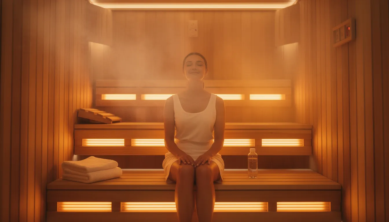 A person sits peacefully in a wooden infrared sauna cabin, surrounded by soft ambient lighting that enhances the tranquil atmosphere. This indoor sauna offers a private retreat for relaxation and health benefits, including muscle recovery and stress relief through infrared heat therapy.