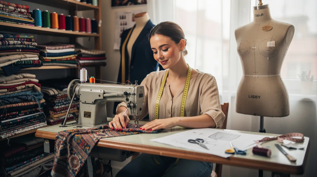 97e6cca3 ee24 47eb 8295 9dcabb1eaaae The image shows a woman entrepreneur focused on her work at a sewing machine inside a small tailoring workshop, surrounded by colorful fabrics and sewing tools. This scene highlights her dedication and skill as she operates her business, contributing to the local economy.