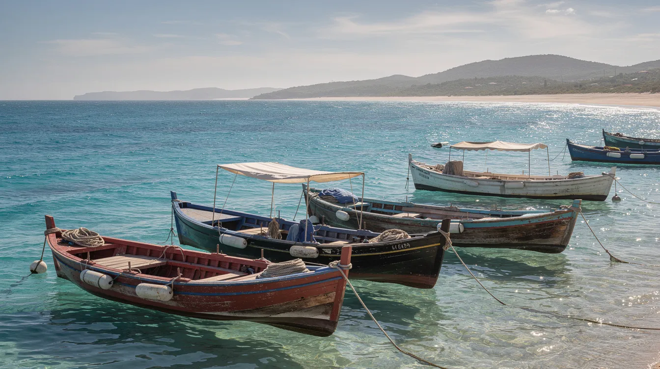 Imagem de barcos tradicionais ancorados em águas azul-turquesa, evocando um cenário de tranquilidade e beleza natural. Esta cena pode ser um ótimo destino de viagem para quem busca experiências únicas no Brasil e no mundo.