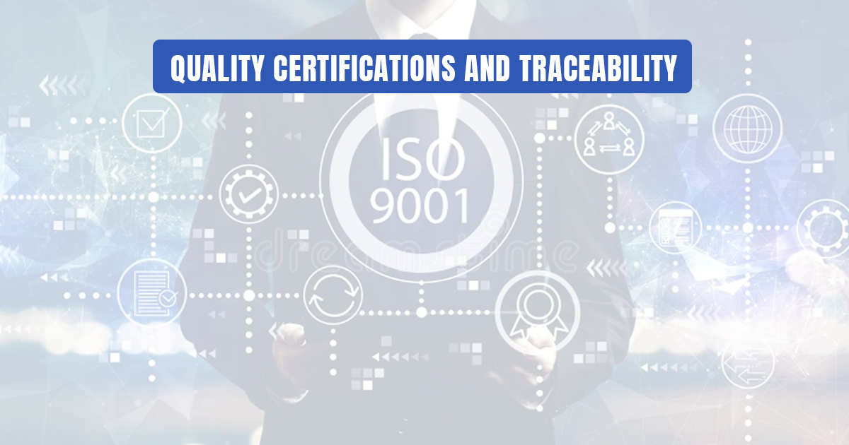 Digital overlay graphic showing ISO 9001 quality certification and traceability.