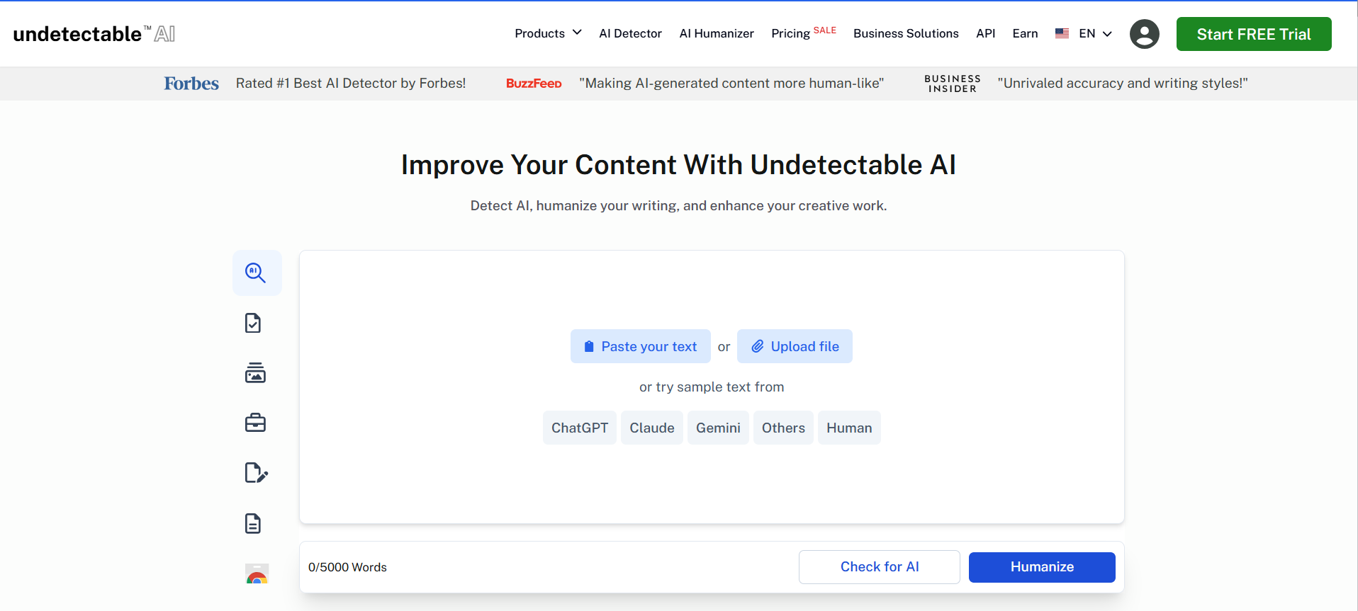 Undetectable AI writing platform featuring AI humanizer, AI detector, content rewriting, and writing enhancement tools for creating natural, human-like content.
