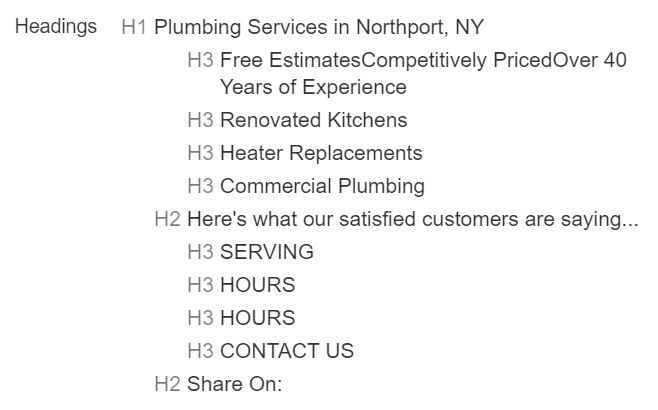 Local plumbing business using proper Header Tags for site Structure