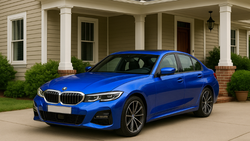BMW wrapped in satin blue vinyl wrap