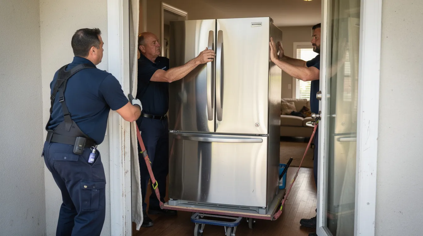 Two workers are carefully maneuvering a large refrigerator through a residential doorway, showcasing their expertise in heavy lifting and junk removal. This scene highlights their teamwork and professionalism in efficiently managing the removal of unwanted items from a home.