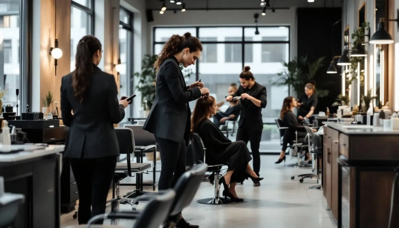 En la imagen se pueden ver a estilistas profesionales trabajando con clientes en un salón moderno, donde se ofrecen diversos servicios de belleza. El ambiente refleja un enfoque en la experiencia del cliente y la calidad de la mano de obra, lo que contribuye a la retención de clientes y al éxito del negocio.