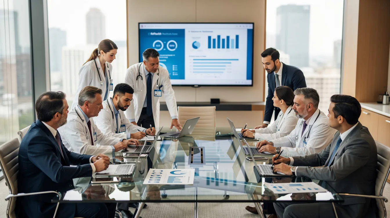 A professional team of doctors and business people is engaged in a discussion around a conference table, focusing on strategies for providing financial support for healthcare facilities, including medical loans for patients facing medical emergencies. The meeting emphasizes the importance of understanding eligibility criteria and the key features of various funding options available to enhance treatment capabilities in hospitals.