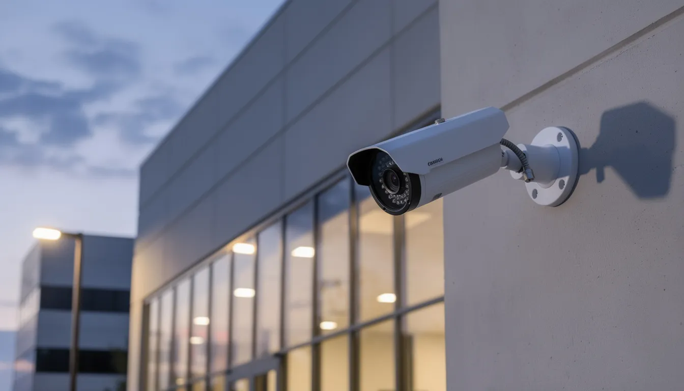 An outdoor security camera is mounted on the exterior of a commercial building at dusk, providing real-time surveillance for enhanced security. This CCTV camera, part of a comprehensive security solution, promotes safety and helps safeguard properties from emerging security threats.
