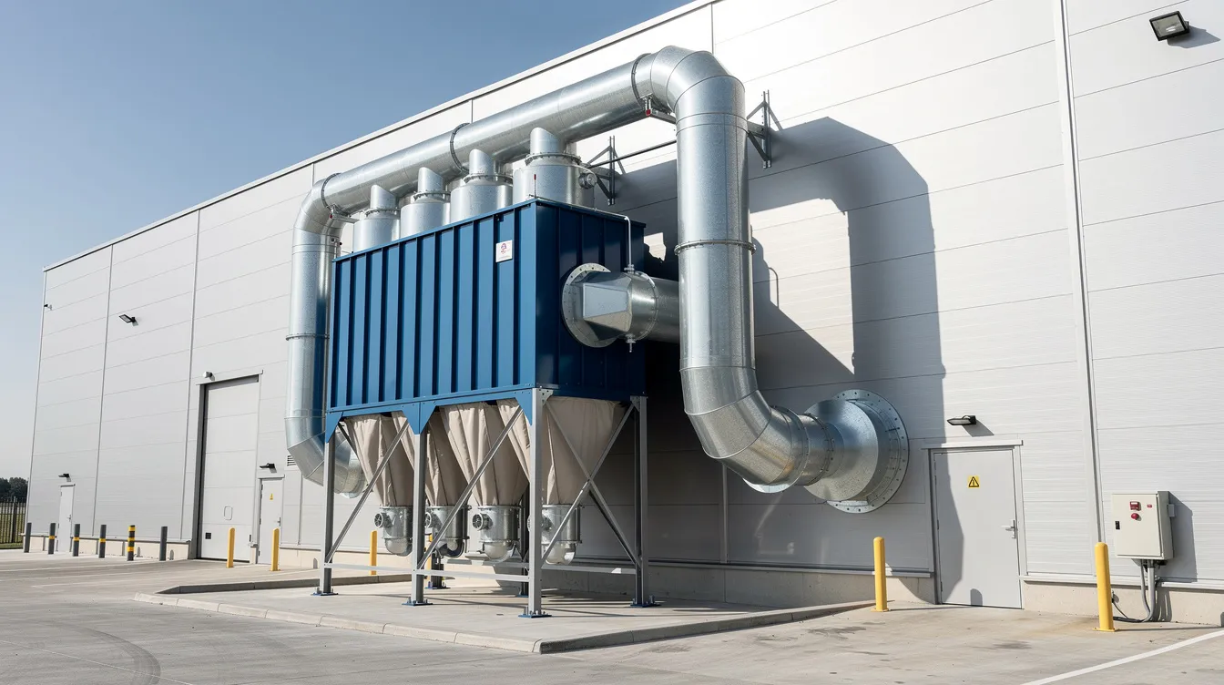 97f287a5 2e20 451f b4d3 792217aa16e3 The image depicts an industrial dust collection system featuring bag filters and ducting attached to the exterior wall of a manufacturing building, likely part of a flour mill or atta chakki plant. This setup is essential for managing airborne particles during the wheat grinding process, ensuring a cleaner and safer environment in the production of wheat flour and other basic food ingredients.