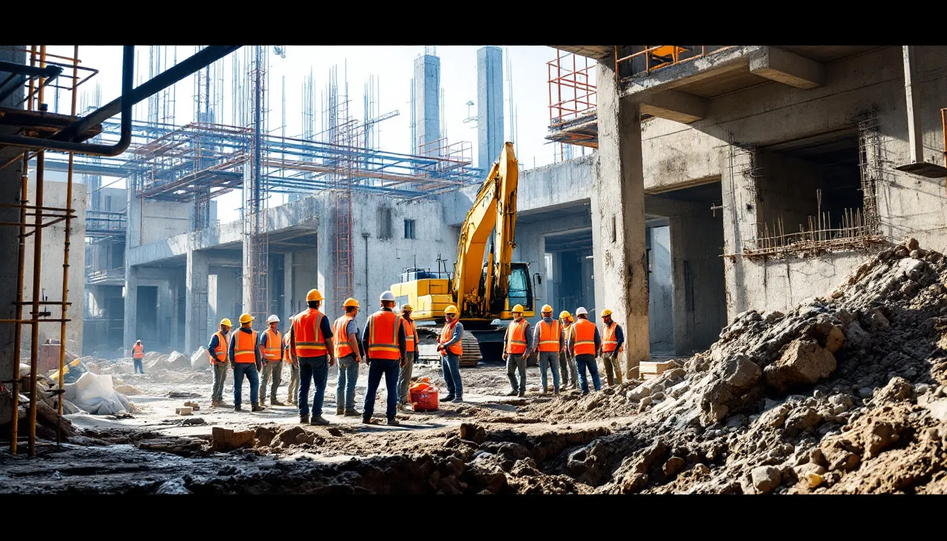 Um canteiro de obras apresenta trabalhadores em ação, cercados por equipamentos de construção civil, como guindastes e betoneiras, enquanto se preparam para a edificação de imóveis. O ambiente reflete a dinâmica da construção, que está sujeita a normas e procedimentos de regularização imobiliária, fundamentais para garantir a conformidade com o código de obras da cidade.