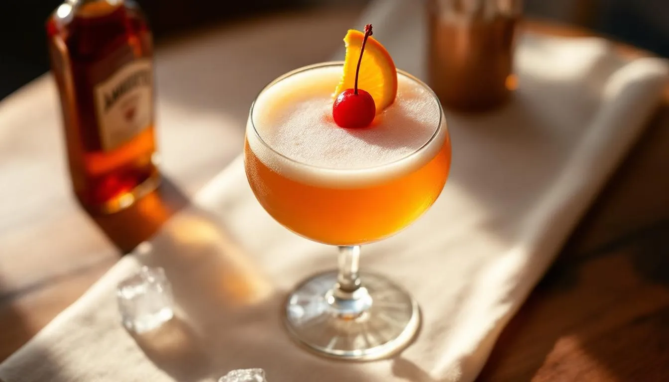 En vintage-inspirerad bild av en Amaretto Sour, där drinken presenteras i ett elegant glas med en gyllene färg och ett stänk av Angostura. Den klassiska cocktailen är dekorerad med en citronskiva och visar på en perfekt balans mellan sötma och syra, vilket gör den till en tidlös favorit.