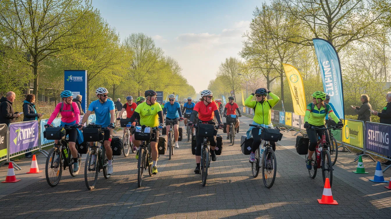 Een groep toerfietsers staat klaar voor de start van een recreatieve fietstocht in het voorjaar. De deelnemers, gekleed in kleurrijke fietskleding, stralen enthousiasme uit terwijl ze zich voorbereiden op hun rit door het mooie Nederlandse landschap.