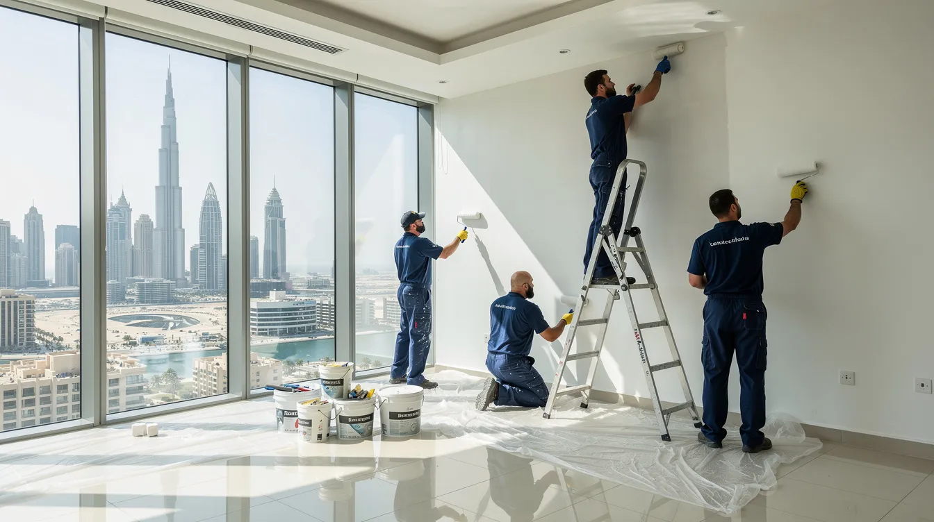 A team of professional painters in work uniforms is diligently applying a fresh coat of paint to the walls of an apartment in Dubai, showcasing their expertise in residential painting services. The scene reflects a commitment to quality work and customer satisfaction, typical of trusted painting companies in the area.