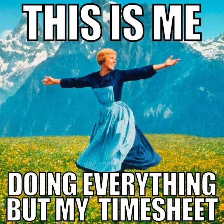 Woman carefree in flower field doing everything but timesheets. Funny timesheet meme showing employees avoiding filling timesheets while deadlines approach.