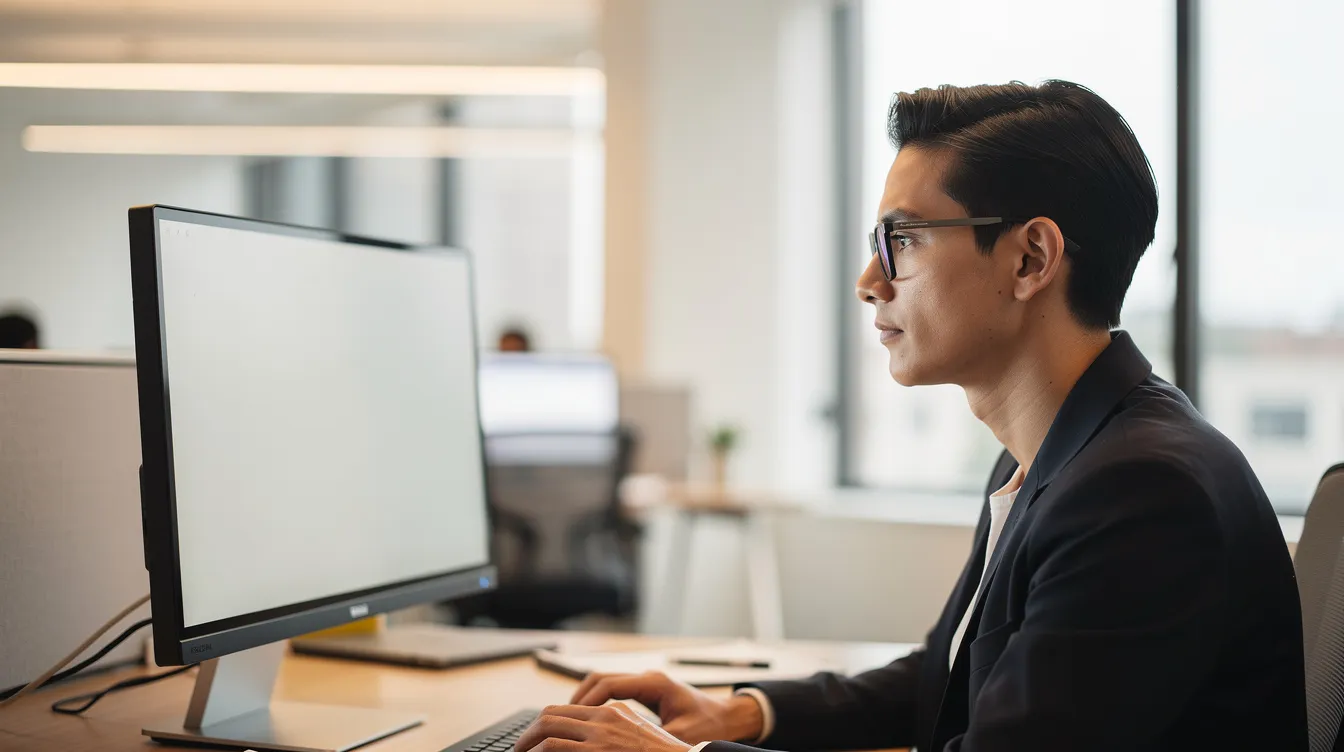 Uma pessoa usa óculos modernos enquanto trabalha em um computador em um escritório bem iluminado, acessando informações e programas relacionados à tecnologia médica. O ambiente reflete um espaço profissional, com foco em saúde e soluções ópticas.