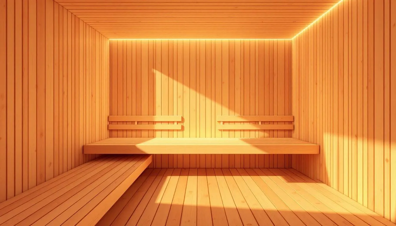 An interior view of a cedar sauna, illustrating the benefits of using cedar in sauna construction.