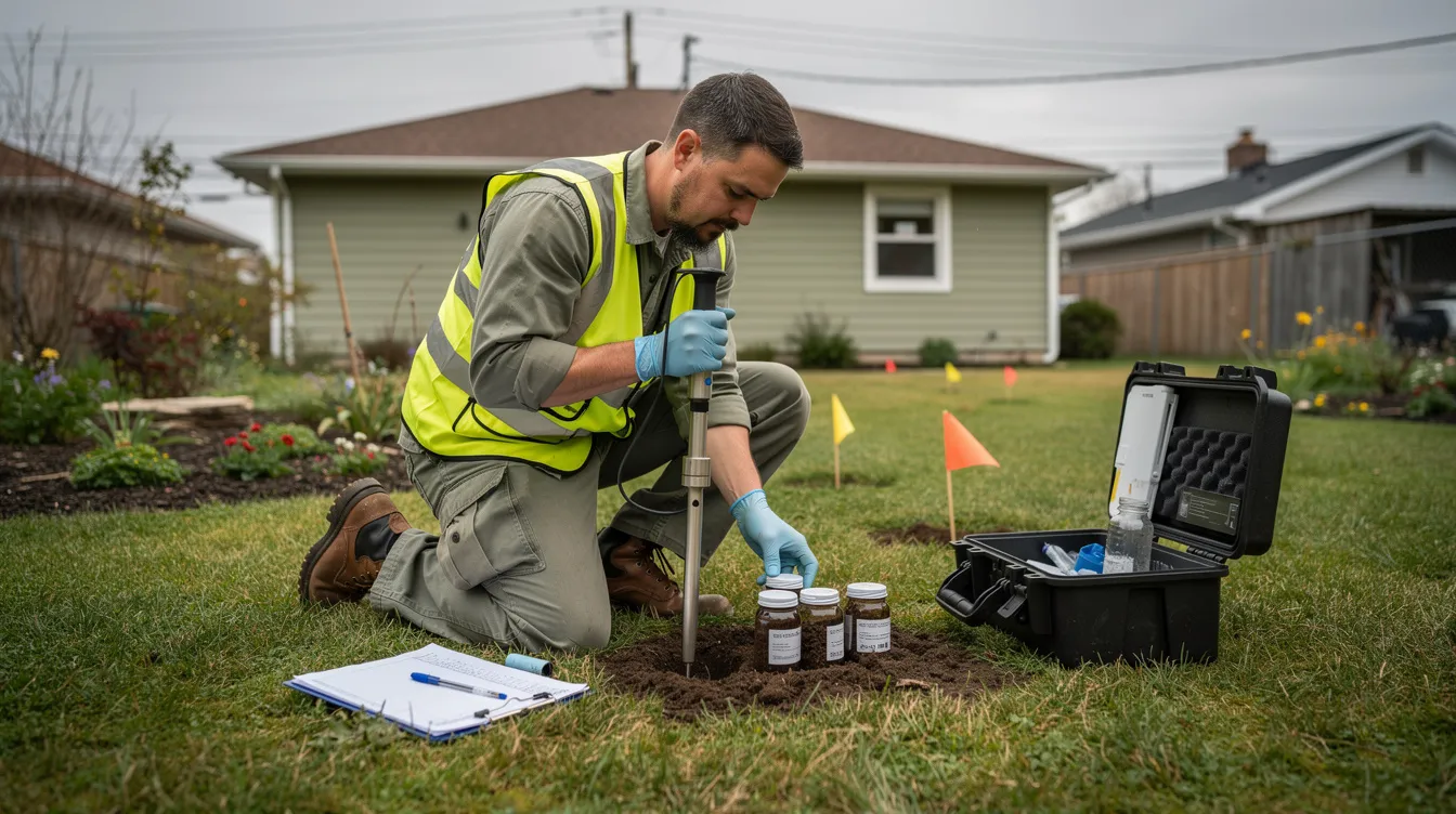 An environmental professional is kneeling in a residential yard, carefully collecting soil samples to assess for hazardous materials and potential environmental contamination. This process is essential for property owners to manage health risks associated with asbestos and other environmental hazards.