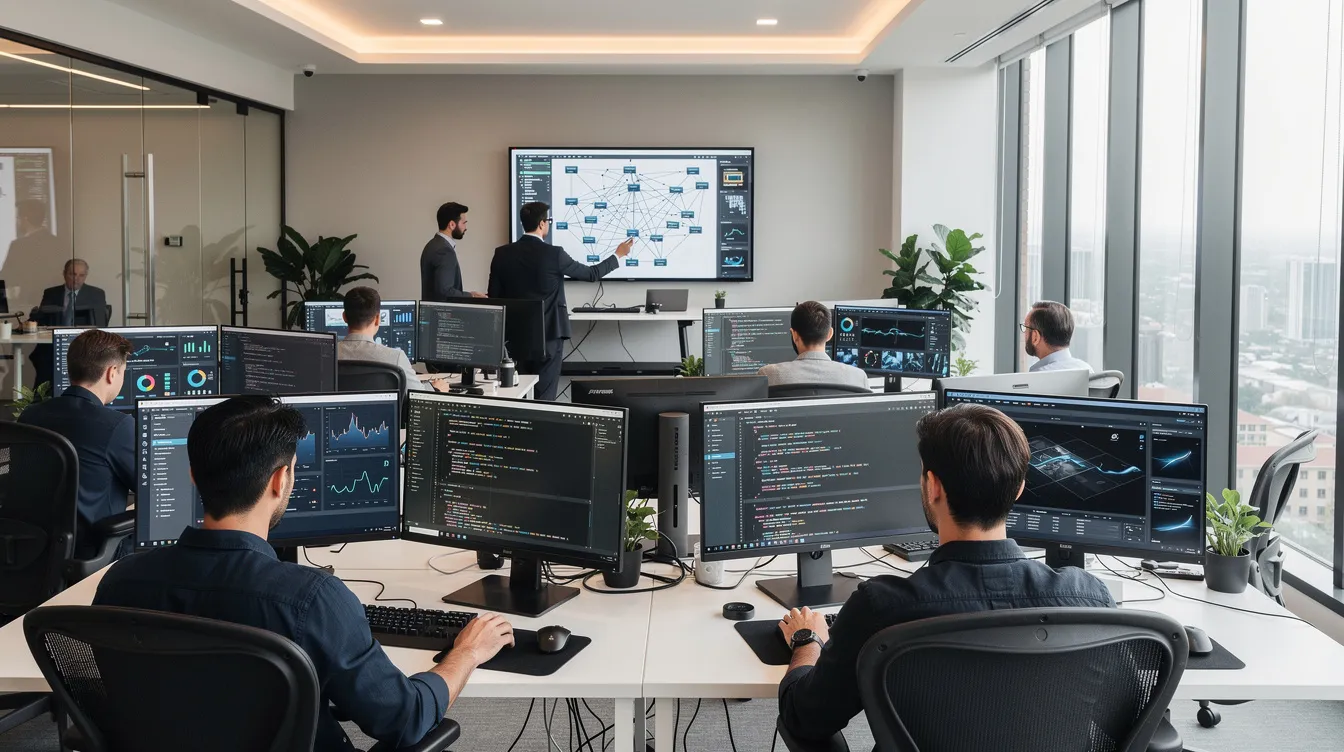 The image depicts a modern office environment where professionals are engaged in data analysis, working at screens that showcase code, dashboards, and network maps. This setting highlights the integration of AI technology and machine learning in cybersecurity roles, emphasizing the importance of technical skills and human expertise in navigating evolving cyber threats.