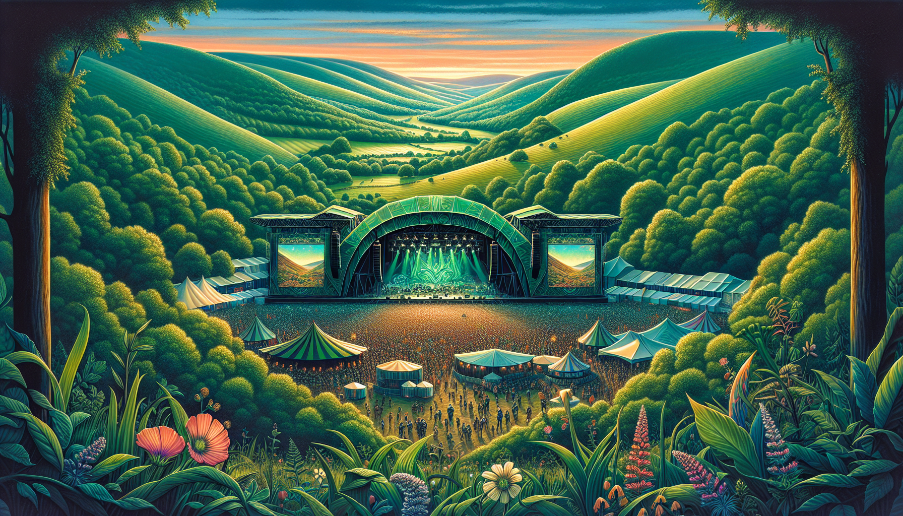 Vibrant illustration of the beautiful setting at Burning Mountain Festival