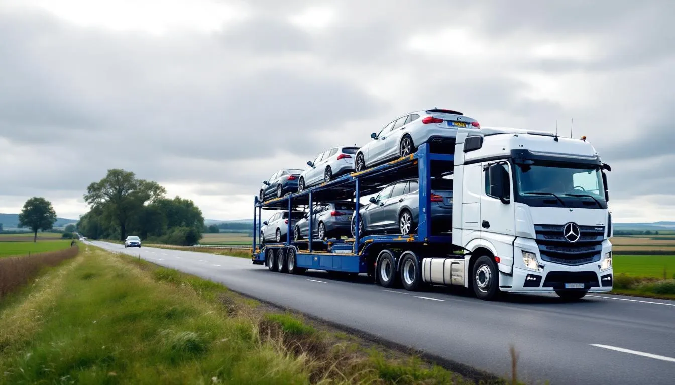 Een vrachtwagen rijdt op een snelweg tussen Frankrijk en Nederland, geladen met verschillende auto's, waaronder tweedehands voertuigen met buitenlandse kentekenplaten. Deze scène weerspiegelt het proces van auto importeren uit Frankrijk, waarbij het belangrijk is om de juiste documenten en een geldig kentekenbewijs te hebben voor de invoer in de Europese Unie.